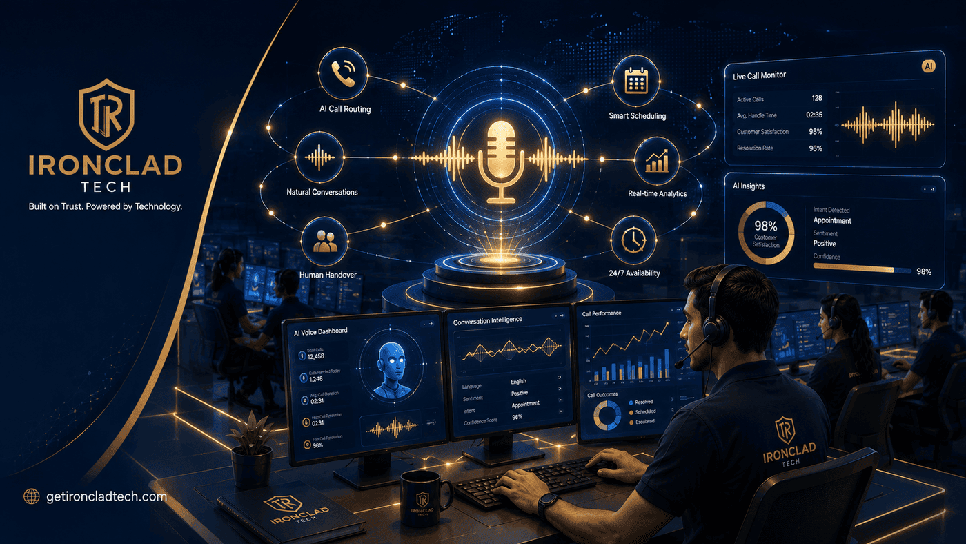 Ironclad Tech AI voice solutions dashboard showing call routing, real-time analytics and sentiment insights