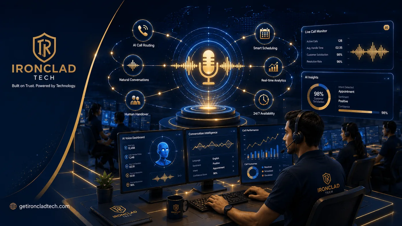 Ironclad Tech AI voice solutions dashboard showing call routing, real-time analytics and sentiment insights