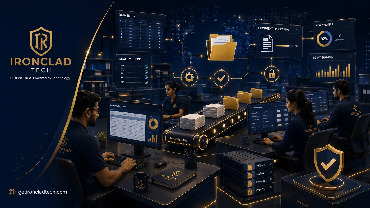 Ironclad Tech back office team processing documents, data entry and quality checks